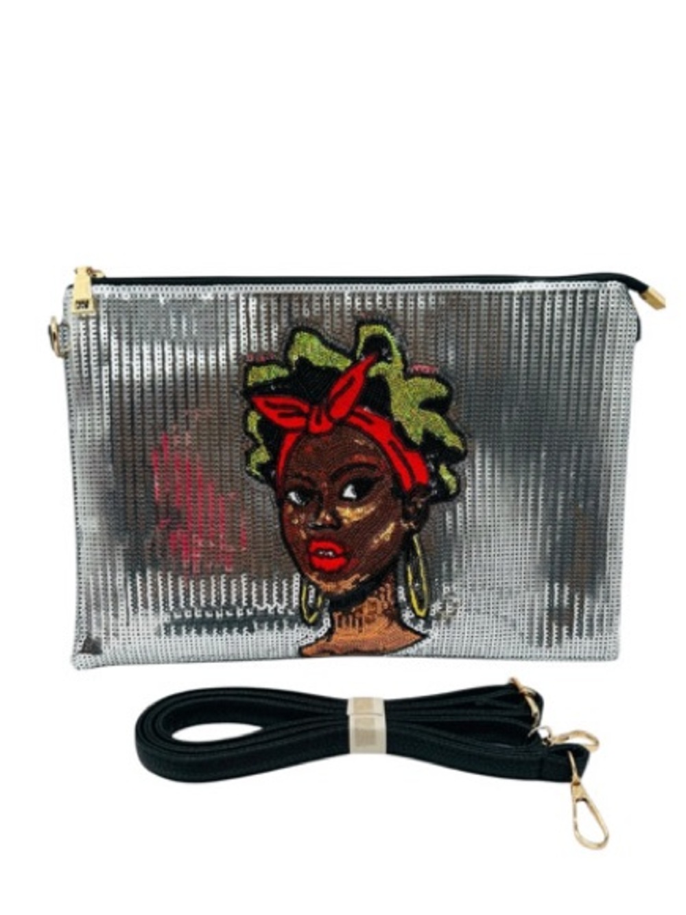 NWOT African American Woman Design Sequin Clutch Crossbody Bag